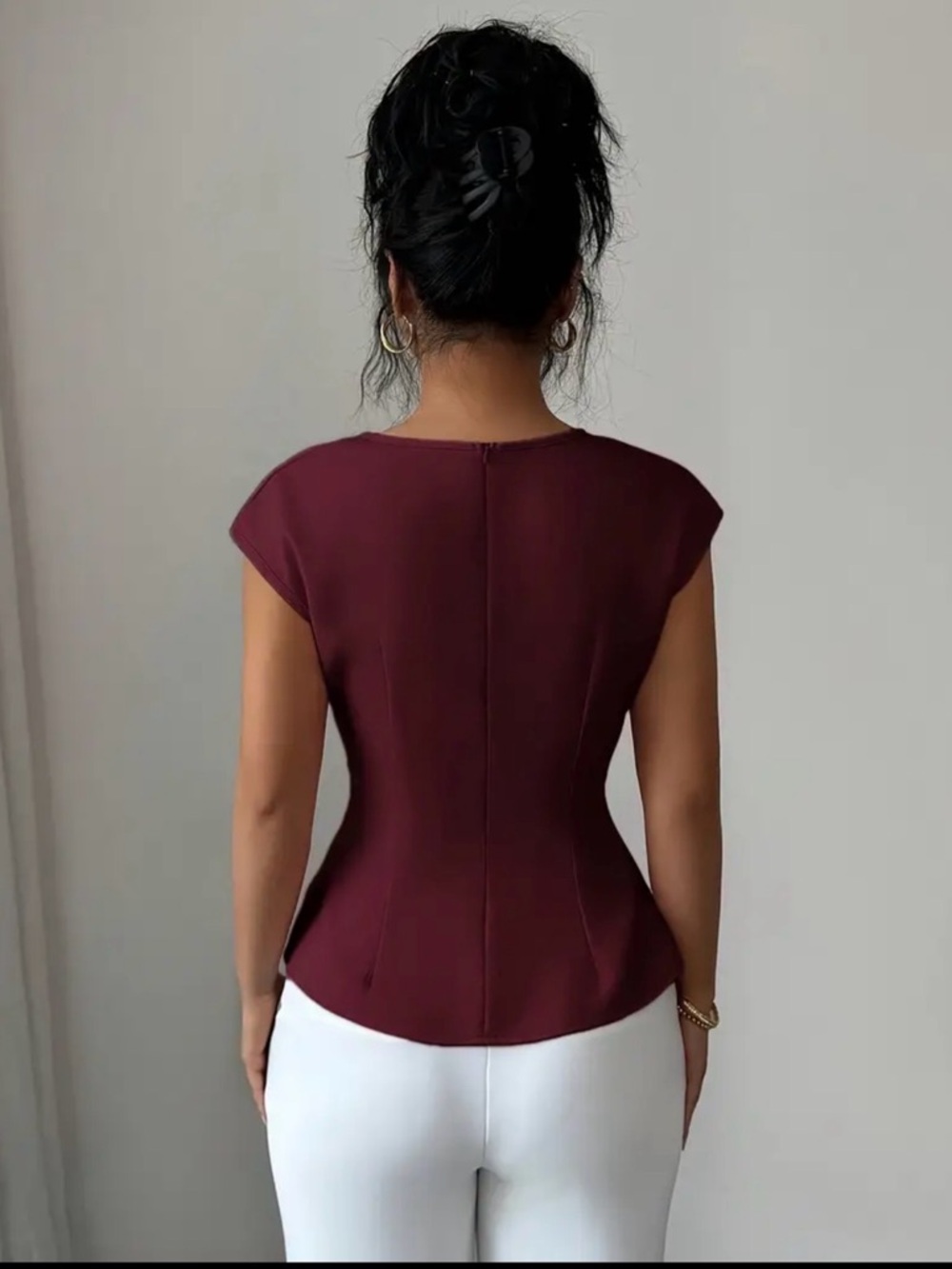 Sculpted Peplum Cap-Sleeve Top in Deep Maroon - Picture 3 of 3
